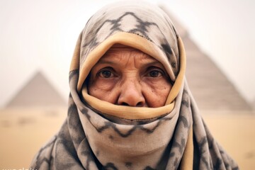Close-up portrait photography of a content mature woman wearing a versatile buff in front of the pyramids of giza in cairo egypt. With generative AI technology - obrazy, fototapety, plakaty