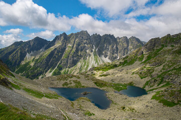 View from the mountain Rysy of Veľk&eacute; Žabie pleso and Mal&eacute; Žabie pleso lakes. High Tatras. Border of Poland and Slovakia. Hiking in Slovakia. Beautiful landscape of mountain tops and the lakes.