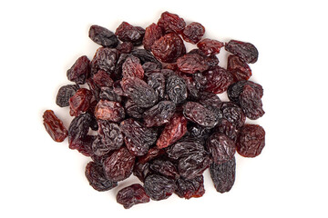 Dried raisins, isolated on white background.