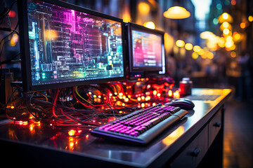 a picture of a computer with wires connecting to it with colorful lights