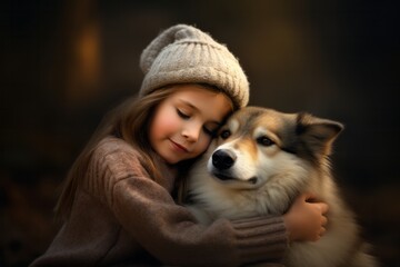 Little girl hugs her husky dog and shares beautiful autumn moment. Dogs lover concept