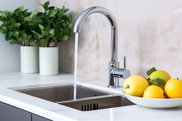 Washing fruit from a faucet into the sink in the kitchen.