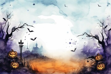 Halloween watercolor background with pumpkins. AI generated