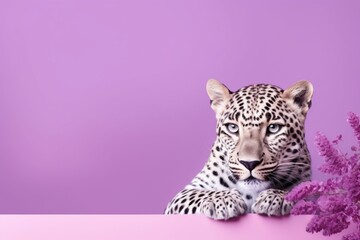 Leopard stare on lavender wallpaper, minimalistic banner. AI generated