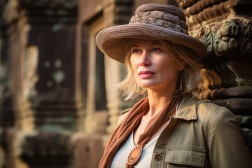 Lifestyle portrait photography of a content mature woman wearing a sophisticated pillbox hat at the angkor wat in siem reap cambodia. With generative AI technology