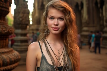 Naklejka premium Headshot portrait photography of a satisfied girl in her 20s wearing a bold body chain at the angkor wat in siem reap cambodia. With generative AI technology