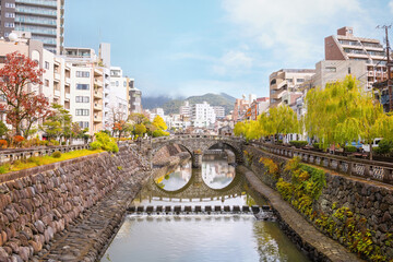 Nagasaki, Japan - Nov 29 2022: Meganebashi Bridge is the most remarkable of several stone bridges....