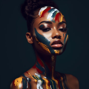 Professional fashion photo of beautiful young people with oil paints on face
