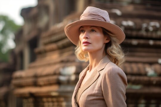 Lifestyle portrait photography of a content mature woman wearing a sophisticated pillbox hat at the angkor wat in siem reap cambodia. With generative AI technology