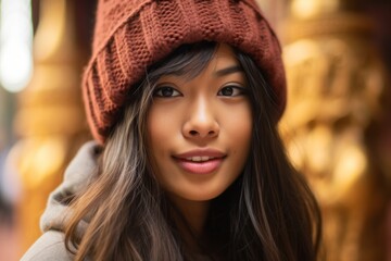 Close-up portrait photography of a blissful girl in her 20s wearing a warm wool beanie at the angkor wat in siem reap cambodia. With generative AI technology