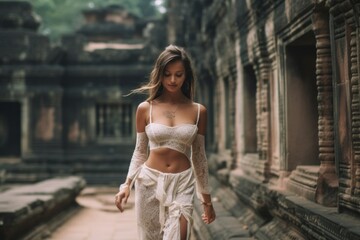 Full-length portrait photography of a joyful girl in his 20s wearing a lace bralette at the angkor wat in siem reap cambodia. With generative AI technology - obrazy, fototapety, plakaty