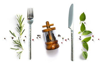 silverware and fresh mediterranean herb and spices with real transparent shadow isolated on transparent background. PNG Food cooking background design element - 641754754