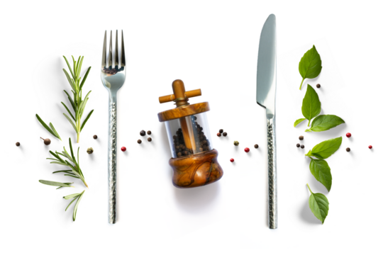 silverware and fresh mediterranean herb and spices with real transparent shadow isolated on transparent background. PNG Food cooking background design element