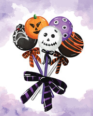 Watercolor Halloween lollipops in a ribbon with separable elements. spooky Halloween lollipop sweets