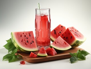 Watermelon juice in a glass with ice cubes on a white background. 