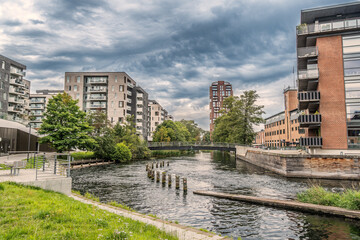 City center in Silkeborg at the river Gudenaa, Denmark