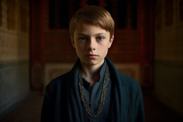 Photography in the style of pensive portraiture of a blissful boy in his 30s wearing a dramatic choker necklace at the alhambra in granada spain. With generative AI technology