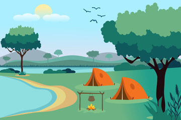 Summer camp in forest with tent and bonfire. Mountains, tree, lake, and sun in background. Vector illustration.