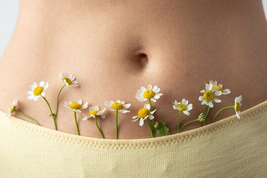Young woman with daisies near the body, intimate hygiene and health
