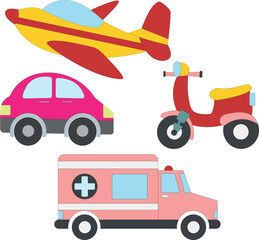Obraz na płótnie Canvas colorful transportation clipart collection in cartoon style for kids and children includes 4 vehicles