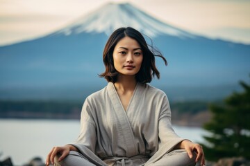 Photography in the style of pensive portraiture of a grinning girl in her 30s wearing a comfortable yoga top near the mount fuji in honshu island japan. With generative AI technology
