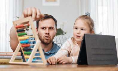 Tablet, abacus and father with girl for homework for creative learning, education and development. Family, parents and dad and kid for mathematics, counting and numbers lesson with technology at home