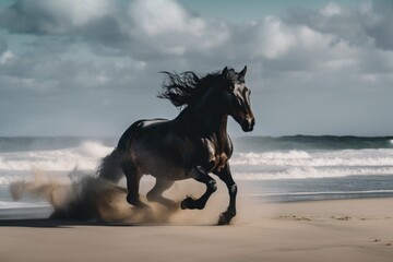 A black horse running on the beach, AI