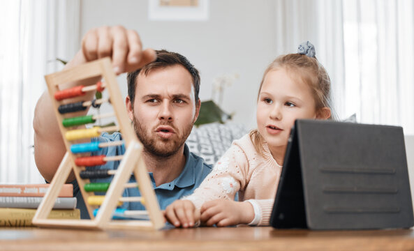 Tablet, abacus and father with girl for homework for creative learning, education and development. Family, parents and dad and kid for mathematics, counting and numbers lesson with technology at home