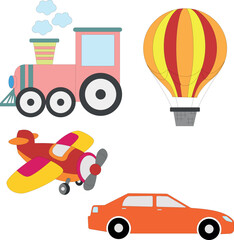 colorful transportation clipart set in doodle style for kids and children includes 4 vehicles