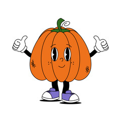 Groovy retro halloween character. Funky smile cartoon sticker. Cute pumpkin on white background. Happy Halloween. Trendy vintage cartoon style vector illustration.