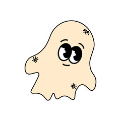 Groovy retro halloween character. Funky smile cartoon sticker. Cute ghost on white background. Happy Halloween. Trendy vintage cartoon style vector illustration.