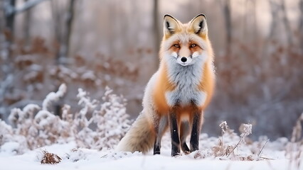 Naklejka na ściany i meble Fox in winter forest meadow. Fox in winter nature.