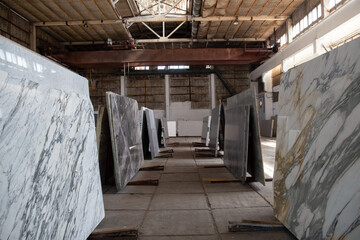 Large warehouse interior, marble storage room, industrial style