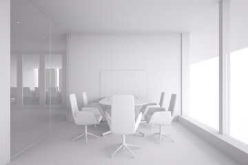 Office interior design in white color, meeting room design, Meeting room in the background, 3D rendering.
