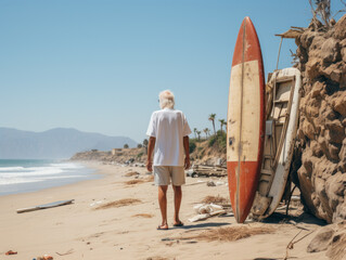 Fototapeta na wymiar old man with surfboard