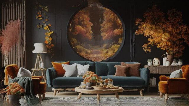 Up to 4K resolution, Autumn-themed living room, Generative AI and blender
