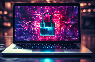 a picture of a laptop with padlock on the screen