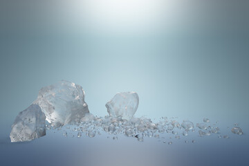 3d rendering realistic illustration of luxury crystal glass product display stand on blue background abstract. Three dimensional of presentation podium winner. Creative ideas minimal design.
