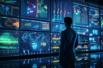 Back view of businessman working with virtual panel and graphs on blurry city background.