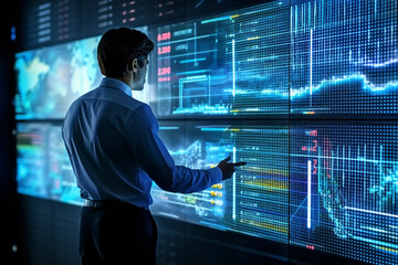 Fototapeta premium Back view of businessman working with virtual panel and graphs on blurry city background.