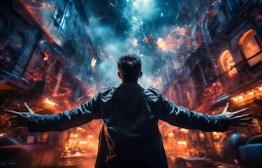 a man playing in the game with his arms up in the air