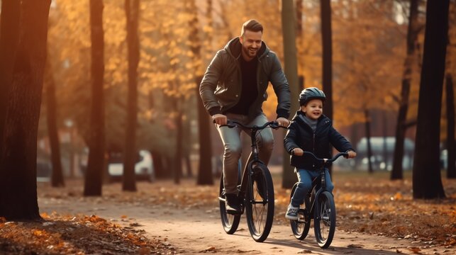 Happy parent and child enjoy their first bike ride in the park