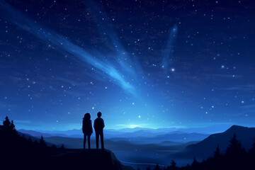 Fototapeta premium Silhouette of a man and a woman standing on a rock looking at the starry sky
