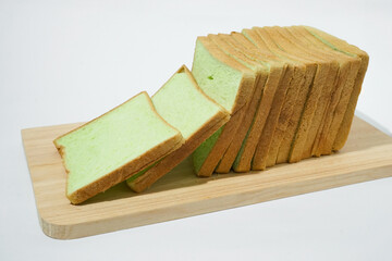 Pandan flavored green white bread, white background, isolated for product photos