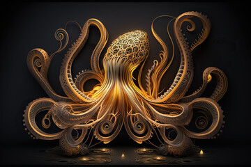 A golden octopus on a dark background , concept of Marine life exploration 