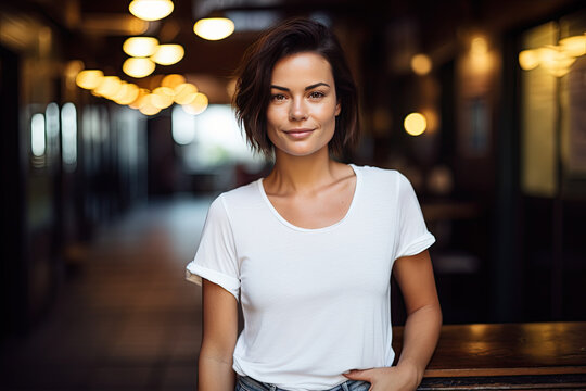 A young attractive European woman with dark hair and a slight smile on her face in a blank white t-shirt stands on a blurred background of a dark restaurant. Mock-up for design. Blank template. - Powered by Adobe