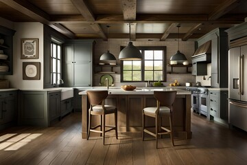 Fototapeta na wymiar a warm farmhouse kitchen with open shelves, a vintage farmhouse sink, and weathered wooden beams
