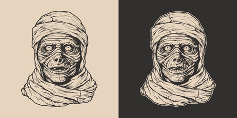 Vintage retro Halloween mummy character face portrait. spooky scary horror element. Monochrome Graphic Art. Vector. Hand drawn