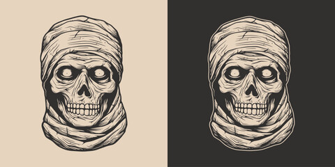 Vintage retro Halloween mummy character face portrait. spooky scary horror element. Monochrome Graphic Art. Vector. Hand drawn