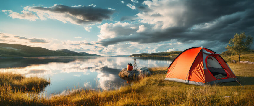 camping near a lake with a tent pitched in a grassy field